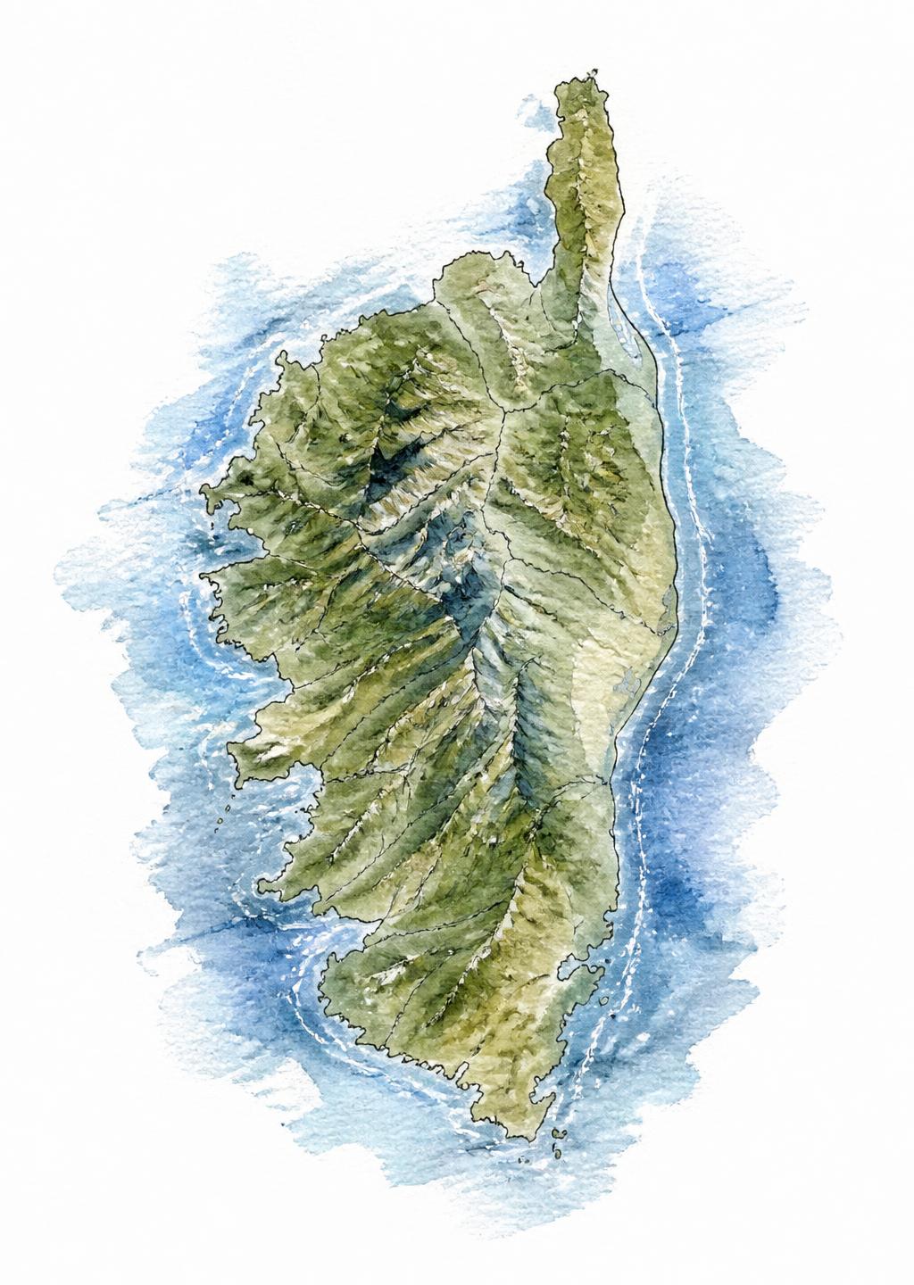 Aquarelle de l'île de Corse, reliefs et littoral peints à l'encre bleue et olive